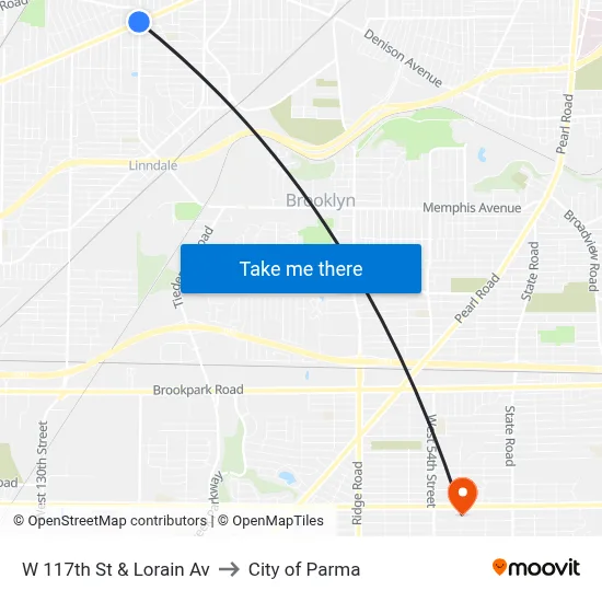 W 117th St & Lorain Av to City of Parma map