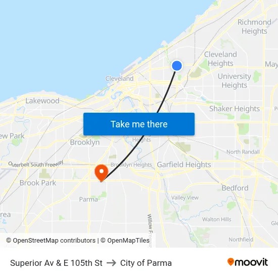 Superior Av & E 105th St to City of Parma map