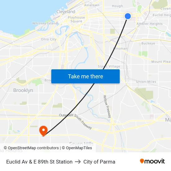 Euclid Av & E 89th St Station to City of Parma map