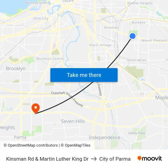Kinsman Rd & Martin Luther King Dr to City of Parma map
