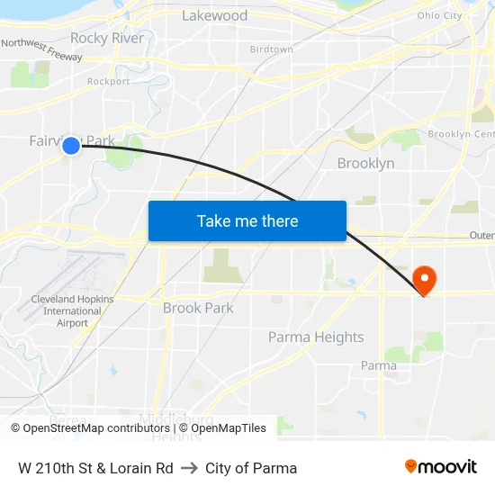 W 210th St & Lorain Rd to City of Parma map