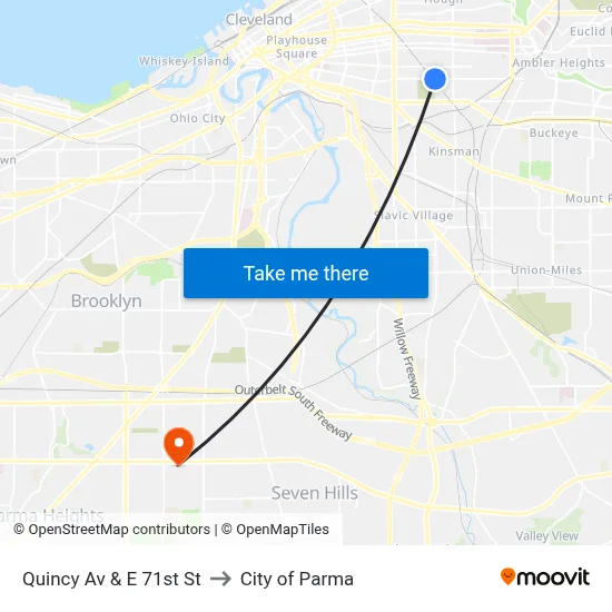 Quincy Av & E 71st St to City of Parma map