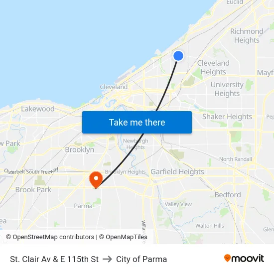 St. Clair Av & E 115th St to City of Parma map
