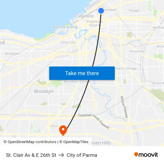 St. Clair Av & E 26th St to City of Parma map