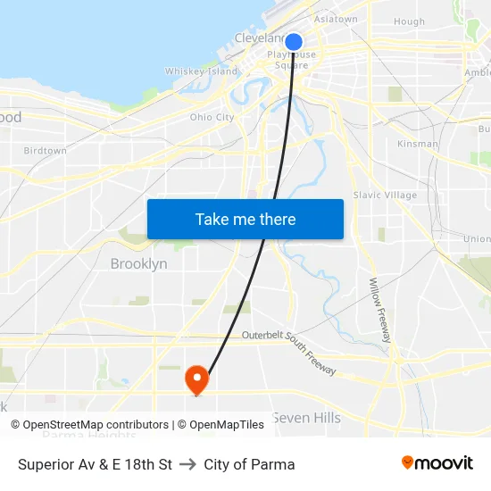 Superior Av & E 18th St to City of Parma map