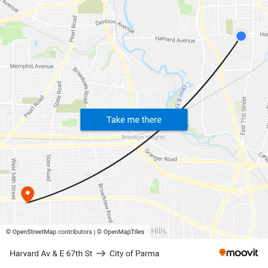 Harvard Av & E 67th St to City of Parma map