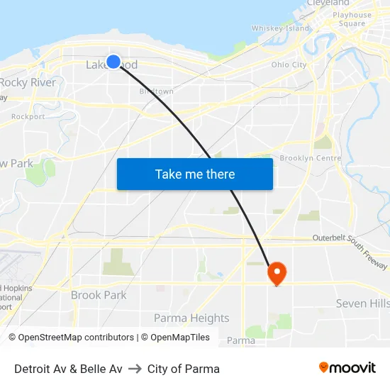Detroit Av & Belle Av to City of Parma map