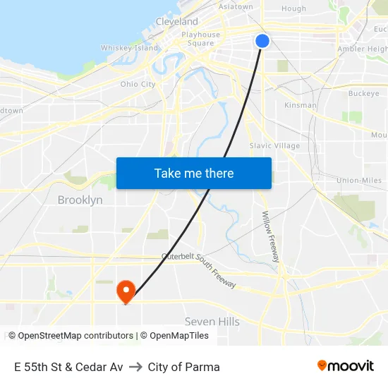 E 55th St & Cedar Av to City of Parma map