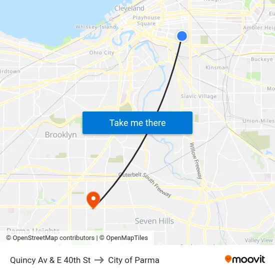 Quincy Av & E 40th St to City of Parma map