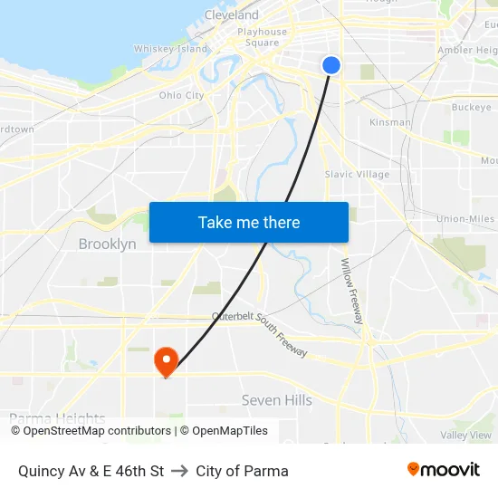 Quincy Av & E 46th St to City of Parma map