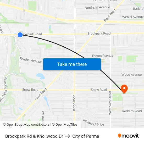 Brookpark Rd & Knollwood Dr to City of Parma map