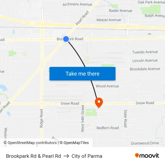 Brookpark Rd & Pearl Rd to City of Parma map