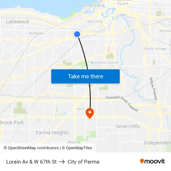 Lorain Av & W 67th St to City of Parma map