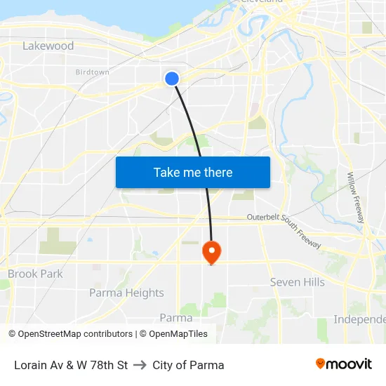 Lorain Av & W 78th St to City of Parma map