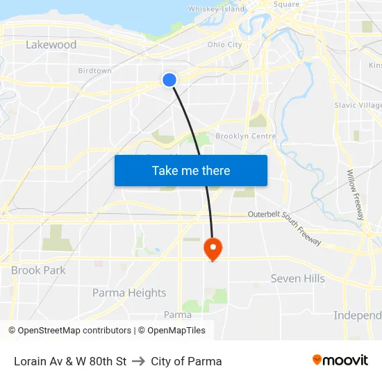 Lorain Av & W 80th St to City of Parma map