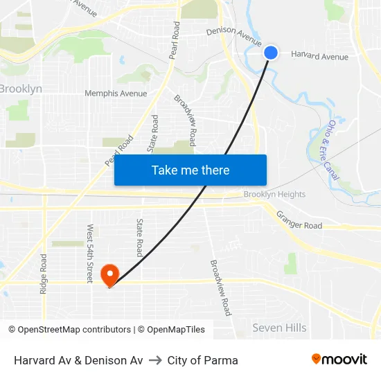 Harvard Av & Denison Av to City of Parma map