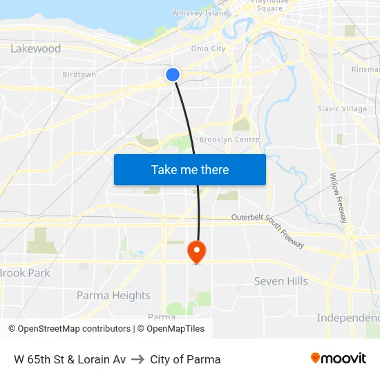 W 65th St & Lorain Av to City of Parma map