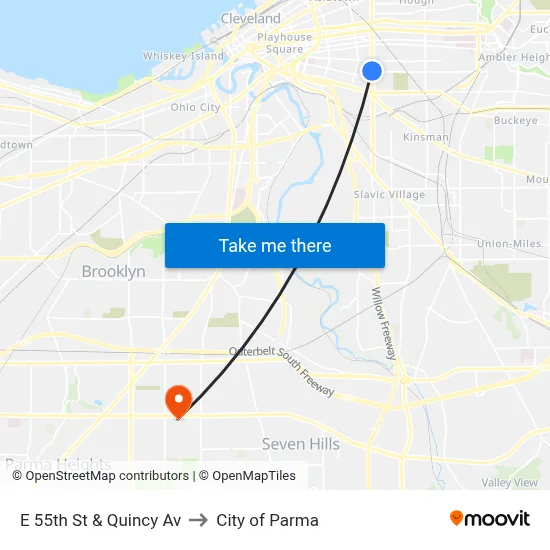E 55th St & Quincy Av to City of Parma map