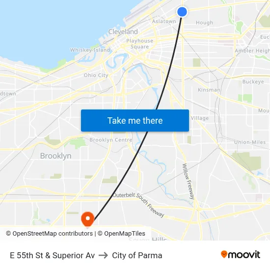 E 55th St & Superior Av to City of Parma map