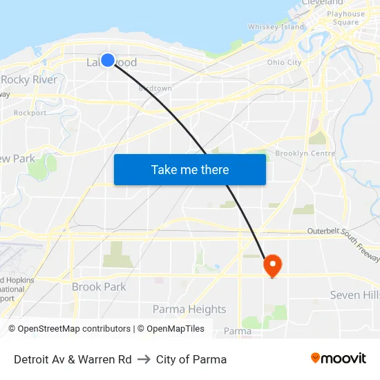 Detroit Av & Warren Rd to City of Parma map