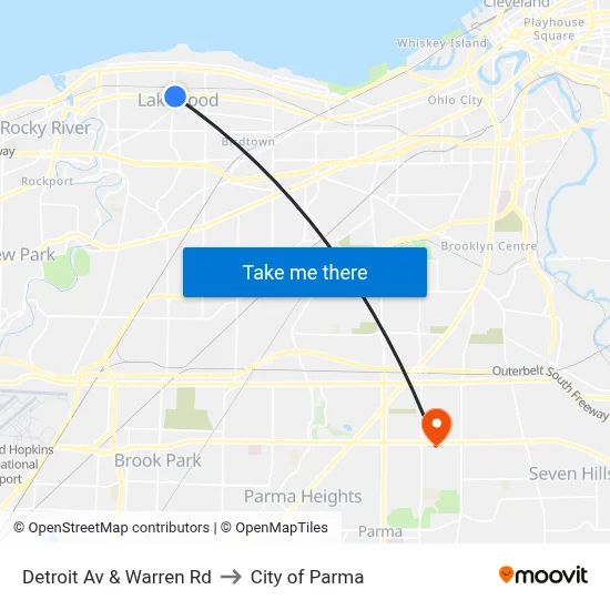 Detroit Av & Warren Rd to City of Parma map