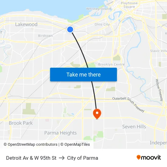 Detroit Av & W 95th St to City of Parma map