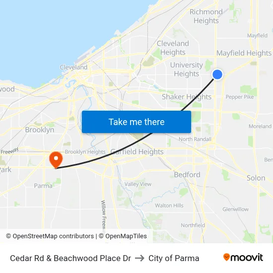 Cedar Rd & Beachwood Place Dr to City of Parma map