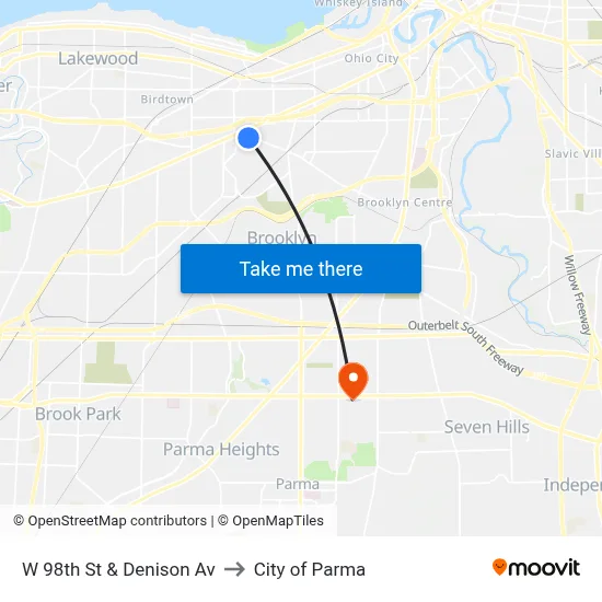 W 98th St & Denison Av to City of Parma map