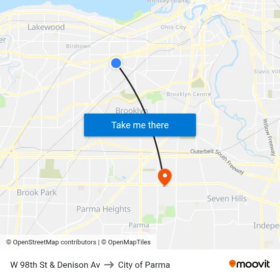 W 98th St & Denison Av to City of Parma map