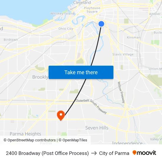 2400 Broadway (Post Office Process) to City of Parma map