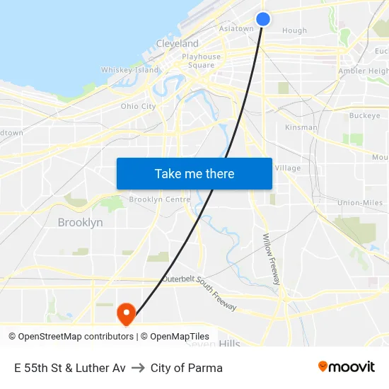 E 55th St & Luther Av to City of Parma map