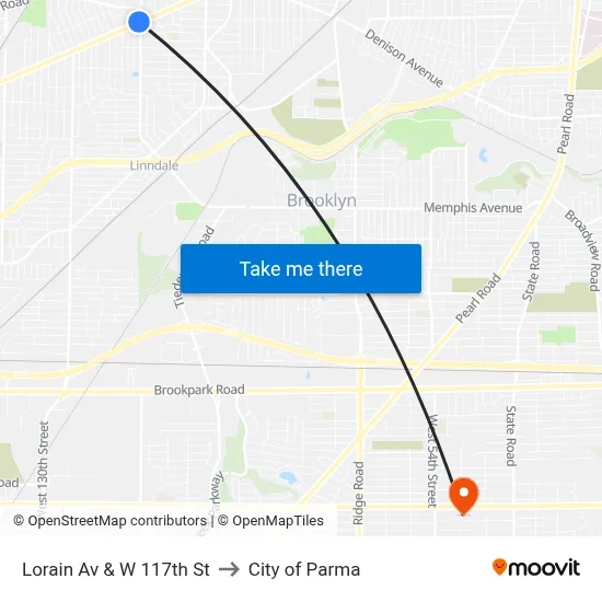 Lorain Av & W 117th St to City of Parma map