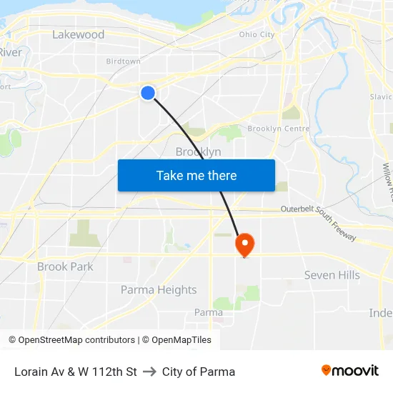 Lorain Av & W 112th St to City of Parma map