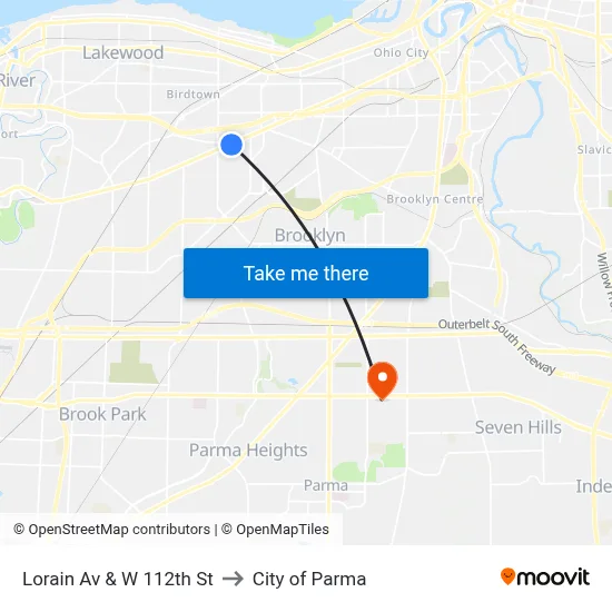 Lorain Av & W 112th St to City of Parma map
