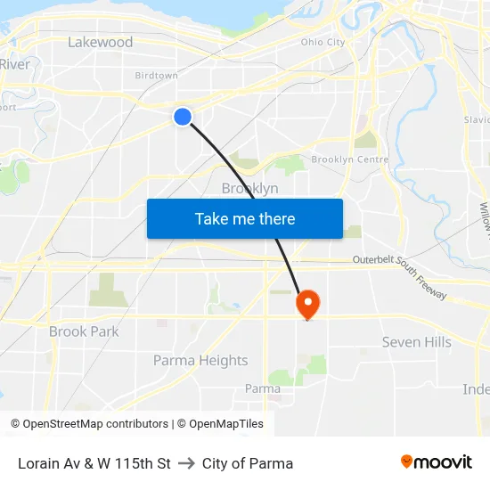 Lorain Av & W 115th St to City of Parma map