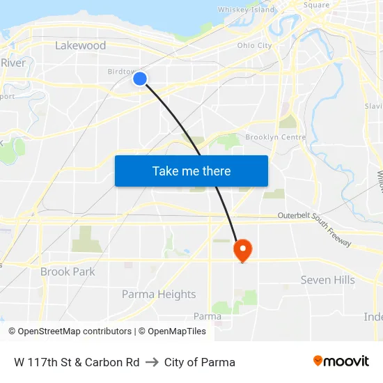 W 117th St & Carbon Rd to City of Parma map
