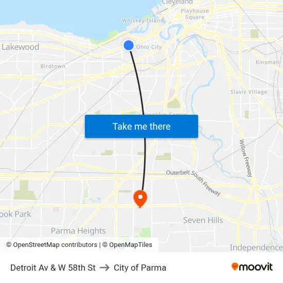 Detroit Av & W 58th St to City of Parma map
