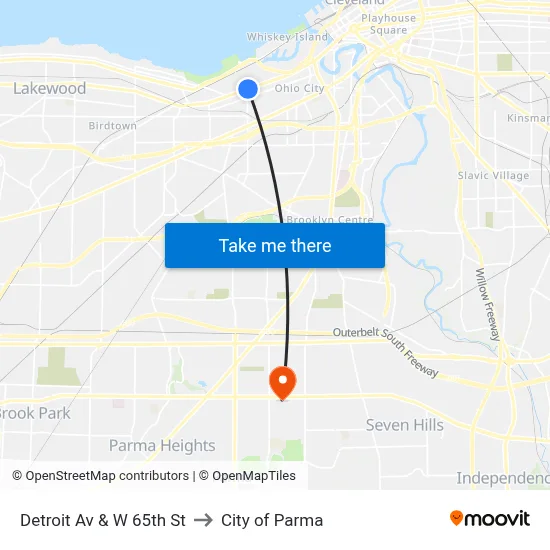Detroit Av & W 65th St to City of Parma map