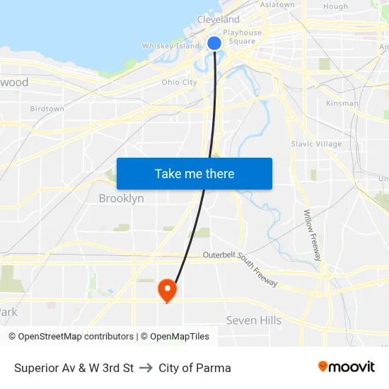 Superior Av & W 3rd St to City of Parma map