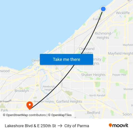 Lakeshore Blvd & E 250th St to City of Parma map
