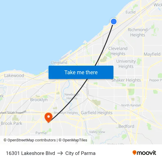 16301 Lakeshore Blvd to City of Parma map