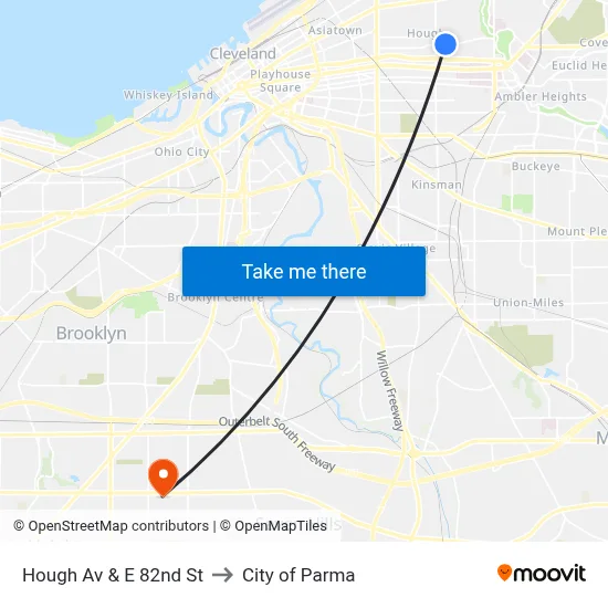 Hough Av & E 82nd St to City of Parma map