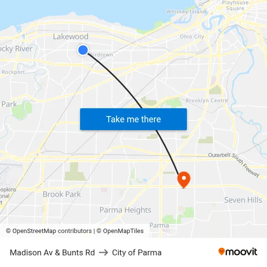 Madison Av & Bunts Rd to City of Parma map
