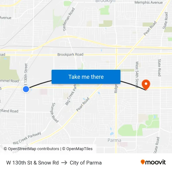 W 130th St & Snow Rd to City of Parma map
