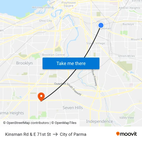 Kinsman Rd & E 71st St to City of Parma map