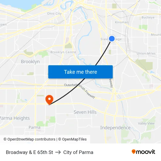 Broadway & E 65th St to City of Parma map