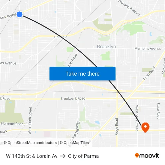 W 140th St & Lorain Av to City of Parma map