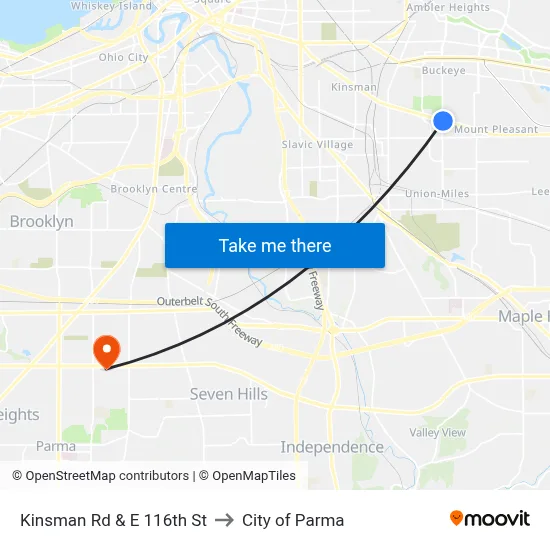 Kinsman Rd & E 116th St to City of Parma map