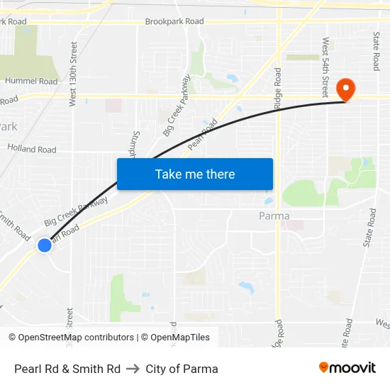 Pearl Rd & Smith Rd to City of Parma map