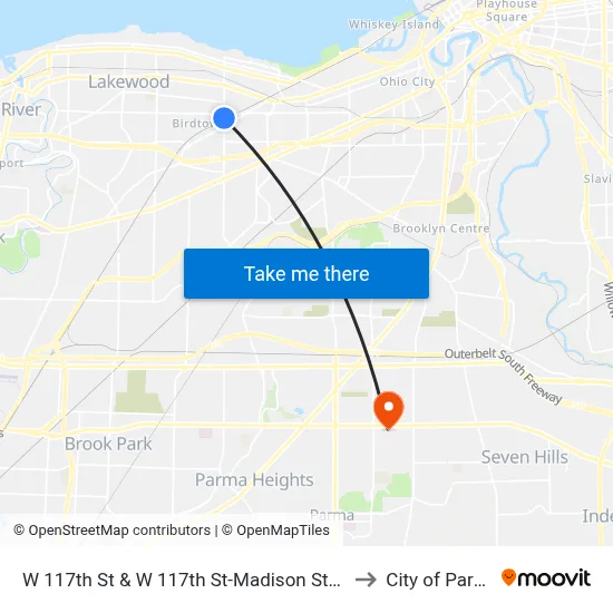 W 117th St & W 117th St-Madison Station to City of Parma map